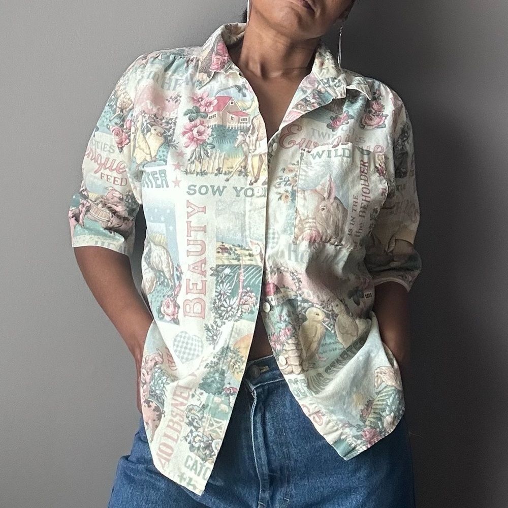 Vintage Farm Print Button Up Shirt Tan Pink Cottagecore Women’s Size‎ Large